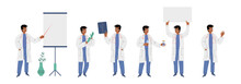 Doctor Character With Blank Banner, X-ray Image, Stethoscope And Pills. Vector Flat Illustration Of Hospital, Health Clinic Or Medicine Center Worker Giving Presentation On White Board