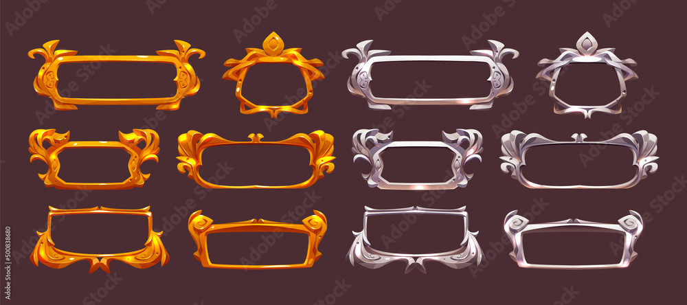 Game gold and silver fantasy frames in medieval style. Vector cartoon ...