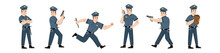 Policeman, Police Officer Or Guard Character In Blue Uniform With Cap, Baton And Handcuffs. Vector Flat Illustration Of Man Cop With Walkie Talkie, Aiming With Gun, Run And Write Traffic Ticket