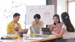 © Prathankarnpap - Startup business people brainstorming and discussing ideas for new project together at modern office.
