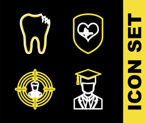Wall Mural - Set line Shield and heart rate, Graduate with graduation cap, Head hunting and Broken tooth icon. Vector