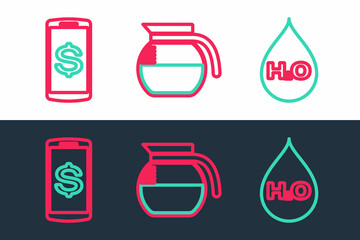 Sticker - Set line Water drop with H2O, Smartphone dollar and Coffee pot icon. Vector