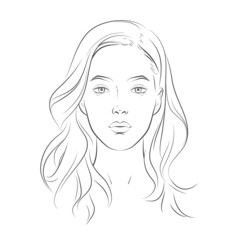 Wall Mural - Woman face. Young beautiful girl with curly long wavy hair curls. Volume, haircut, hairdressing, hairstyle. Care and beauty. Vector Black and white line sketch front illustration portrait.