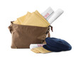 © New Africa - Brown postman's bag with envelopes, newspapers and hat on white background