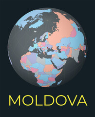 Sticker - World map centered to Moldova. Red country highlighted. Satellite world view centered to country with name. Vector Illustration.