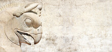 Grunge Background With Stone Texture And Bas-relief Of Head Of Griffin