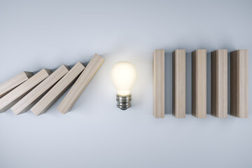 Wall Mural - Light bulb in a row of wooden domino, stopping the falling dominoes, problem solving and solution, creativity concept. Concrete wall background. 3D Rendering.