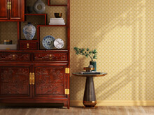 3D Render Contemporary Asian Interior Design. Antique Chinese Classic Wooden Cabinet With Bone China Porcelain In Living Room With Modern Side Table. Window Curtain, Parquet Floor, Yellow Wallpaper.