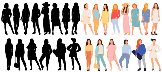 Poster - girls, women silhouette set, on white background, isolated, vector