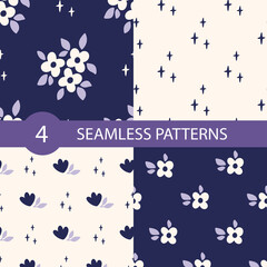 Poster - Floral vector seamless pattern set. Flower, leaves, star modern drawing illustration. Botanical fabric print, digital paper, textile design, kids and baby clothes, scrapbooking, cover.