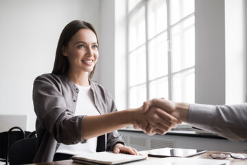Partnership handshake in modern creative office, Businessmen shaking hands while working, Successful business, lifestyle, employment, new business, job interview, people concept