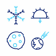 Sticker - Set line Comet falling down fast, Moon, Sunset and Snowflake icon. Vector