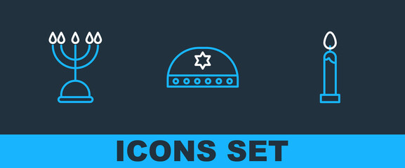 Poster - Set line Burning candle, Hanukkah menorah and Jewish kippah with star of david icon. Vector