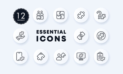 Puzzle icons set. Development of thinking. Collection in parts. Buy part. Collective entertainment. Neomorphism style.