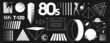 © аska - Set of retrowave design elements. Sunset, palm tree, audio cassette, pyramid, unreal ring, VHS sign, 80s title, sexy woman, geometry. Pack of retrowave 1980s style design elements. Vector