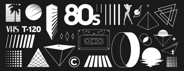 Set of retrowave design elements. Sunset, palm tree, audio cassette, pyramid, unreal ring, VHS sign, 80s title, sexy woman, geometry. Pack of retrowave 1980s style design elements. Vector