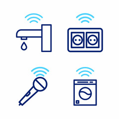 Sticker - Set line Smart washer, Wireless microphone, electrical outlet and water tap icon. Vector