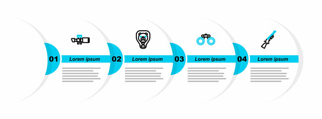 Poster - Set line Shotgun, Binoculars, Bear head on shield and Sniper optical sight icon. Vector