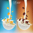 Various 3d realistic chocolate splashes of corn flakes or cereals in milk or yogurt in plate