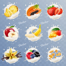 3d Realistic Splash Set Of Yogurt Or Milk With Fruits And Berries, Pineapple, Banana, Mango, Strawberry, Vanilla, Cereals, Apple, Papaya, Blueberry, Raspberry, Cranberry