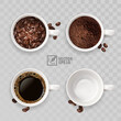 3d realistic four cups of coffee, with beans, instant, ground and empty cup
