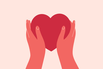 Two hands hold big red heart. Concept of love, charity, philanthropy and donation. Vector illustration