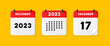 Calendar icon. December. 2023 17 day. The concept of waiting for an important date. Calendar with raised pages. Red calendar isolated on yellow background. 3d vector illustration.