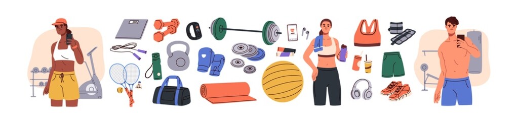 Poster - Sport equipment, gym accessory, people athlete set. Dumbbell, barbell, fitness ball, yoga mat, bag, sportswear for training. Workout stuff bundle. Flat vector illustration isolated on white background