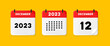Calendar icon. December. 2023 12 day. The concept of waiting for an important date. Calendar with raised pages. Red calendar isolated on yellow background. 3d vector illustration.