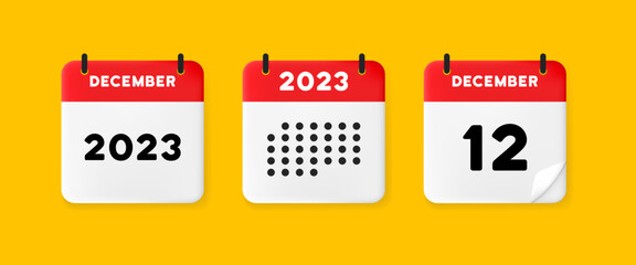 Calendar icon. December. 2023 12 day. The concept of waiting for an important date. Calendar with raised pages. Red calendar isolated on yellow background. 3d vector illustration.