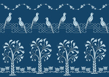Byzantine Traditional Historical Motifs Of Animals, Birds, Flowers And Plants Seamless Border Pattern, Linear Ornament, Ribbon In Blue. Vector Illustration.