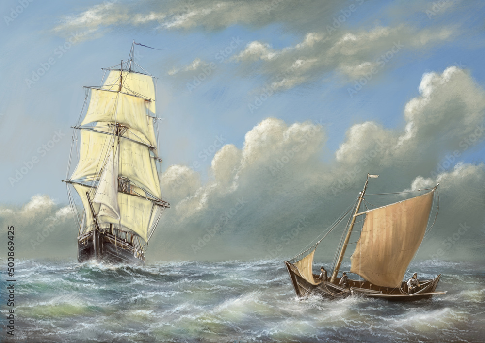 Old sailing ship in the ocean. Oil paintings landscape, fisherman