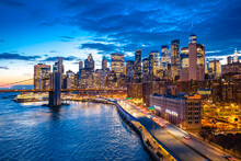 Epic Skyline Of New York City Downtown And Brooklyn Bridge Evening View