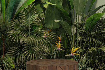 Wooden podium with tropical garden on green background. Studio with tropical trees and leaves. Advertisement idea. Creative composition. 3d render
