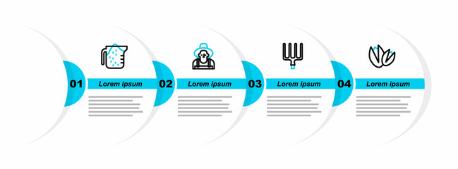 Poster - Set line Pistachio nuts, Garden pitchfork, Farmer in the hat and Measuring cup icon. Vector