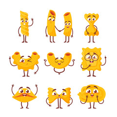 Cute Pasta Characters Emoji, Italian Wheat Food. Macaroni Mascots With Hands, Legs and Kawaii Smiling Faces