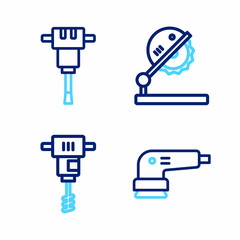 Poster - Set line Electric sander, Electrical hand concrete mixer, Table saw for woodwork and Construction jackhammer icon. Vector