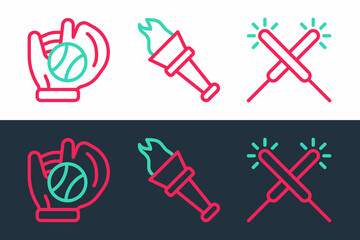 Sticker - Set line Sparkler firework, Baseball glove with ball and Torch flame icon. Vector