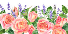 Seamless Border With Blush Roses And Lavender. Hand Drawn Watercolor Images