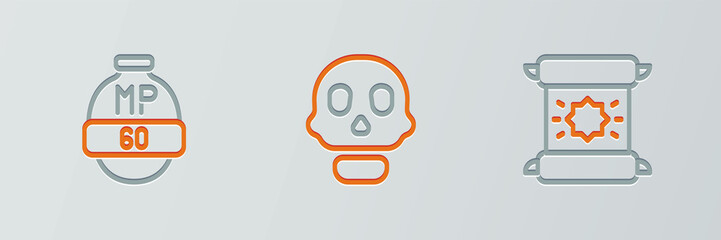 Sticker - Set line Decree, parchment, scroll, Video game bar and Skull icon. Vector