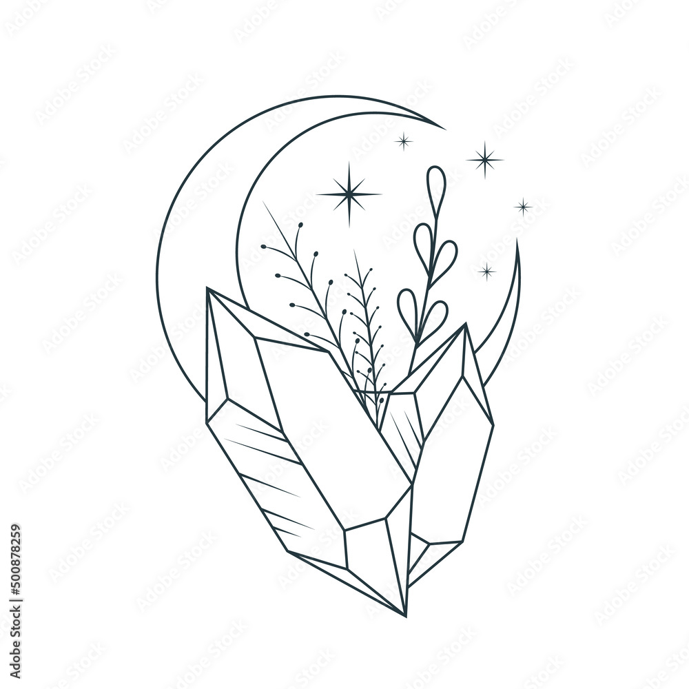 Celestial crystals, moon and twigs. Hand drawn vector magic symbols ...