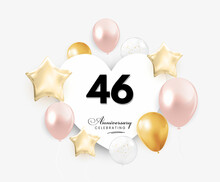 46 Years Anniversary Celebration With Heart Air Hot Balloon. Design Template For Anniversary Celebrations, Greeting Cards, Posters, Banners, And Birthday Party.