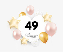 49 Years Anniversary Celebration With Heart Air Hot Balloon. Design Template For Anniversary Celebrations, Greeting Cards, Posters, Banners, And Birthday Party.