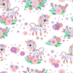  Seamless vector pattern with happy rainbow zebra and flowers