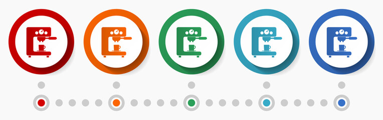 Poster - Coffee machine concept vector icon set, infographic template, flat design circle colorful web buttons in 5 color options