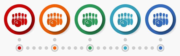 Poster - Bowling concept vector icon set, infographic template, flat design circle colorful web buttons in 5 color options