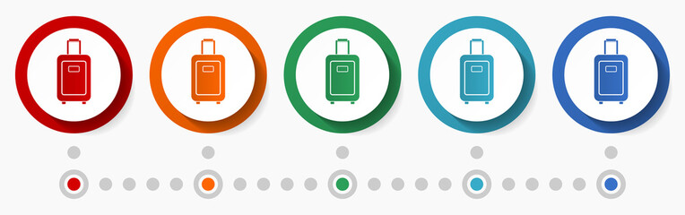 Poster - Travel suitcase concept vector icon set, infographic template, flat design circle colorful web buttons in 5 color options