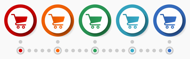 Leinwandbilder - Shopping cart concept vector icon set, infographic template, flat design circle colorful web buttons in 5 color options