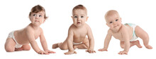 Collage With Photos Cute Little Babies Crawling On White Background. Banner Design