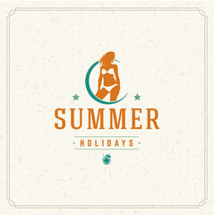 Wall Mural - Summer holidays typography label design on grunge textured paper background. Vector illustration good for posters or greeting cards.